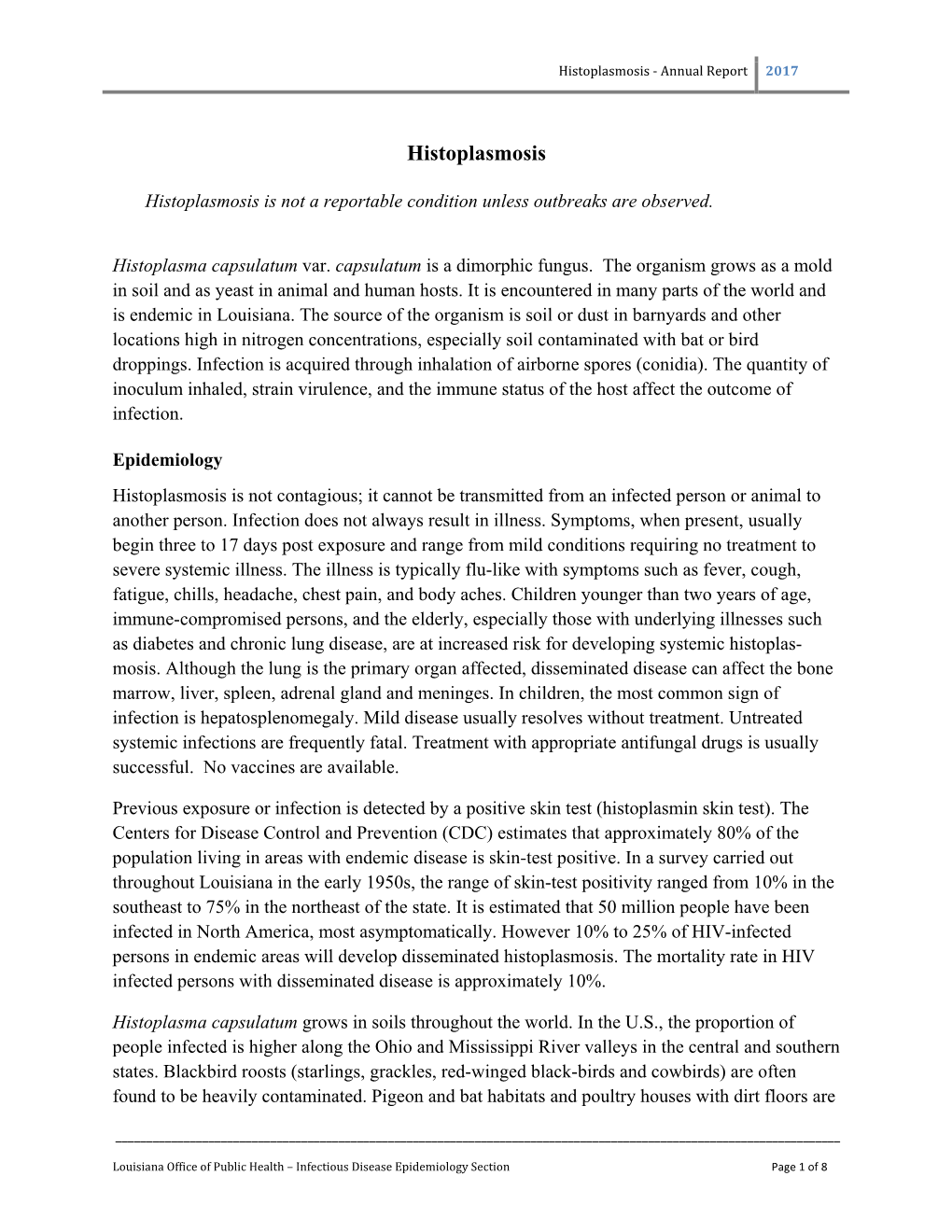 Histoplasmosis ‐ Annual Report 2017