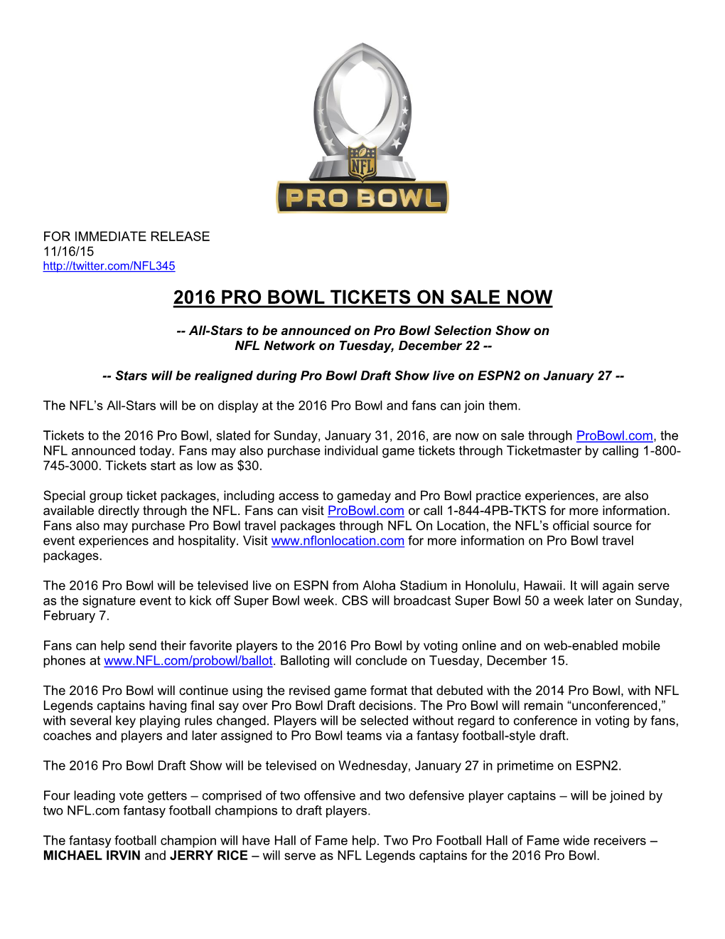 2016 Pro Bowl Tickets on Sale Now