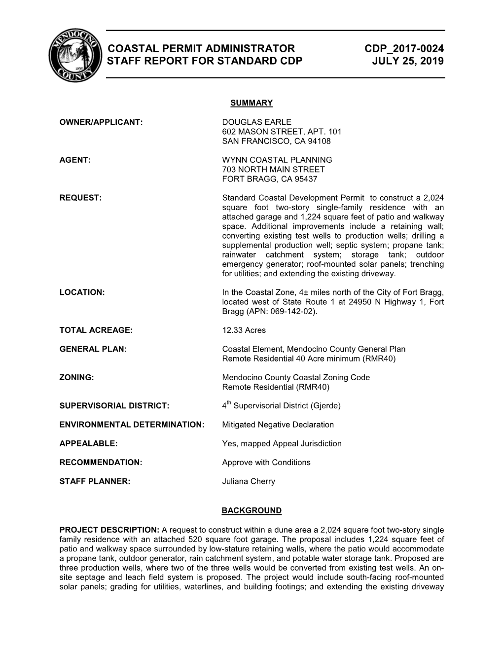 Coastal Permit Administrator Cdp 2017-0024 Staff Report for Standard Cdp July 25, 2019