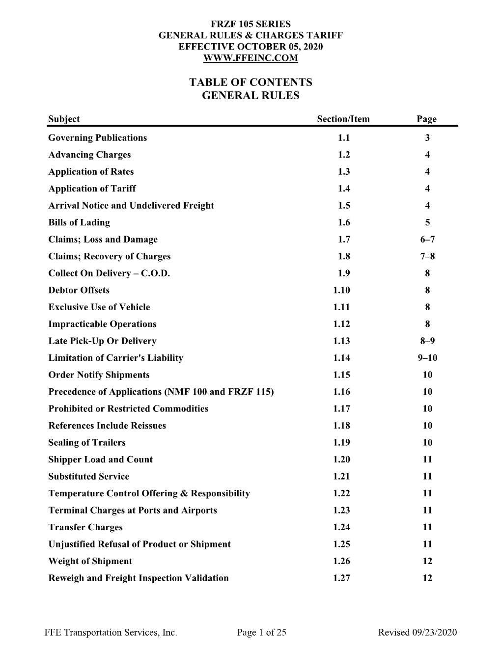 Table of Contents General Rules