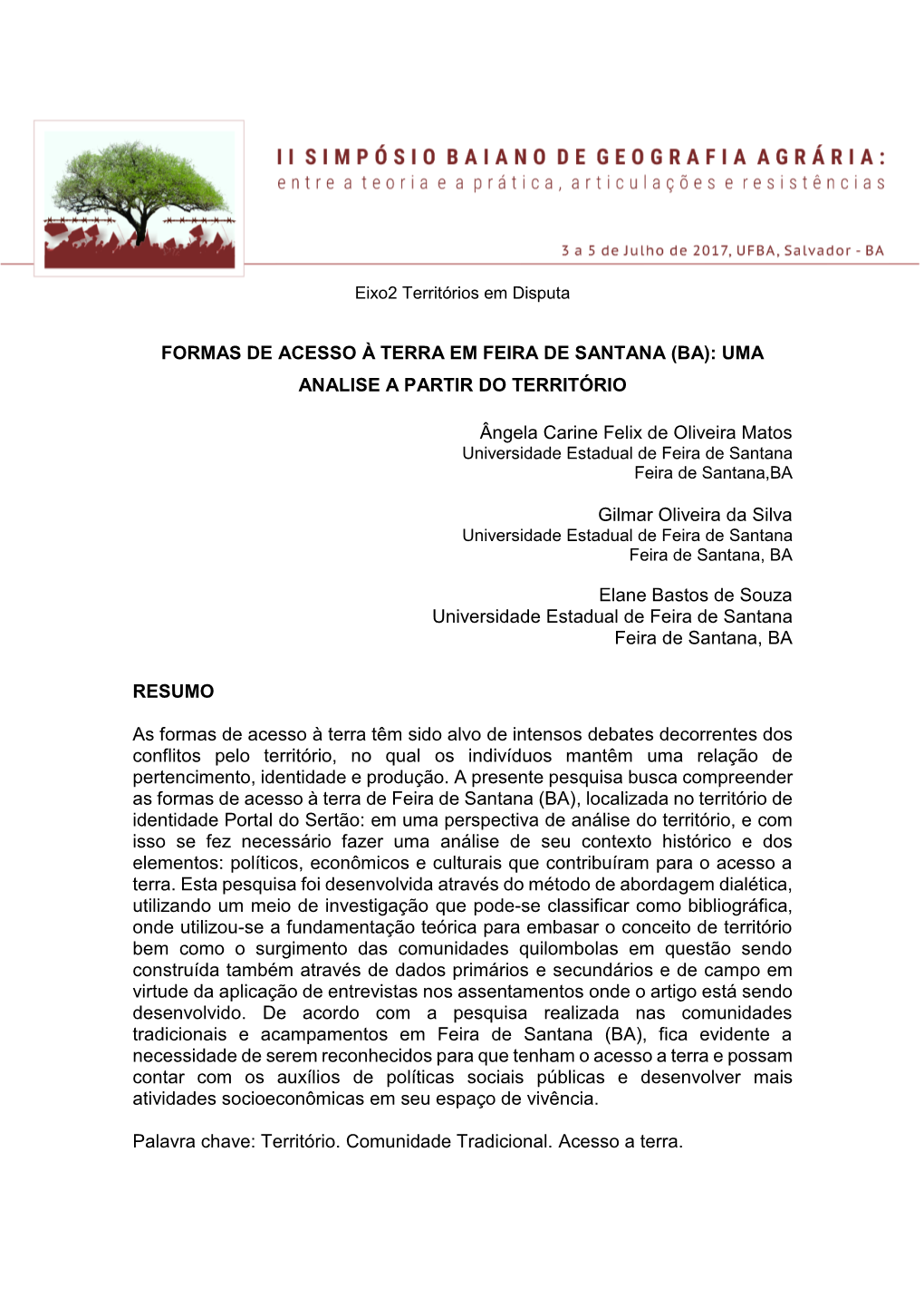 Formas De Acesso À Terra Em Feira De Santana (Ba): Uma Analise a Partir Do Território