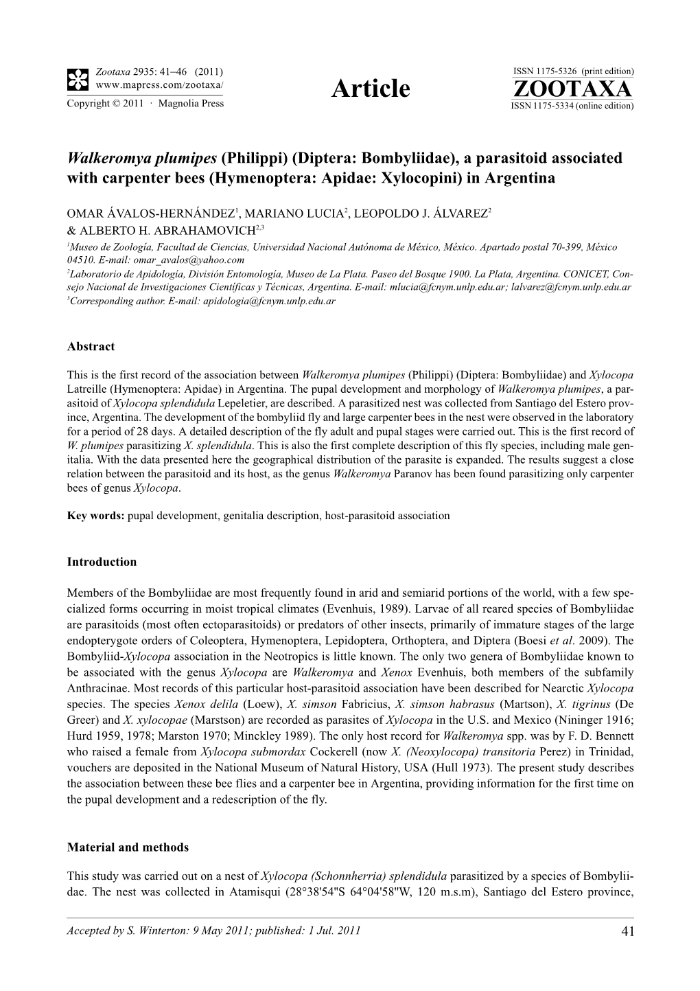 Walkeromya Plumipes (Philippi) (Diptera: Bombyliidae), a Parasitoid Associated with Carpenter Bees (Hymenoptera: Apidae: Xylocopini) in Argentina