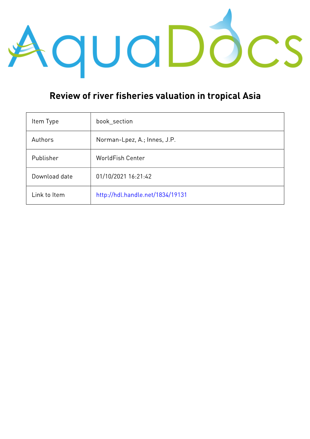 Review of River Fisheries Valuation in Tropical Asia