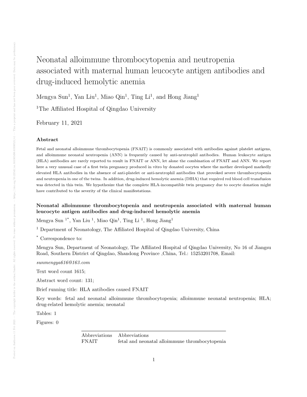 Neonatal Alloimmune Thrombocytopenia and Neutropenia Associated with Maternal Human Leucocyte Antigen Antibodies and Drug-Induce