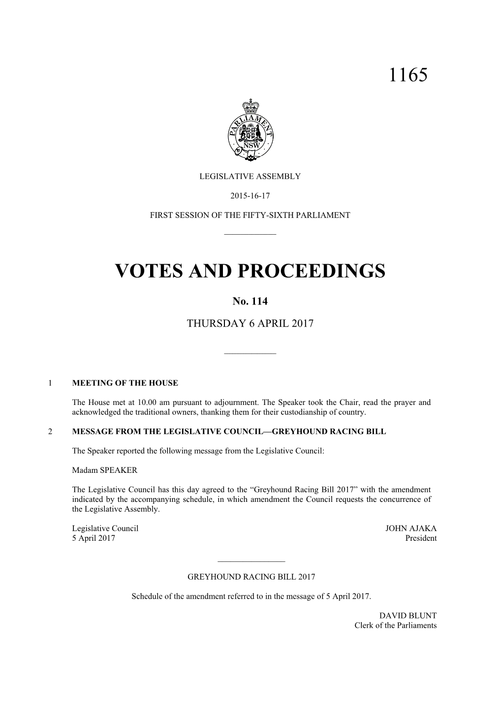 1165 Votes and Proceedings