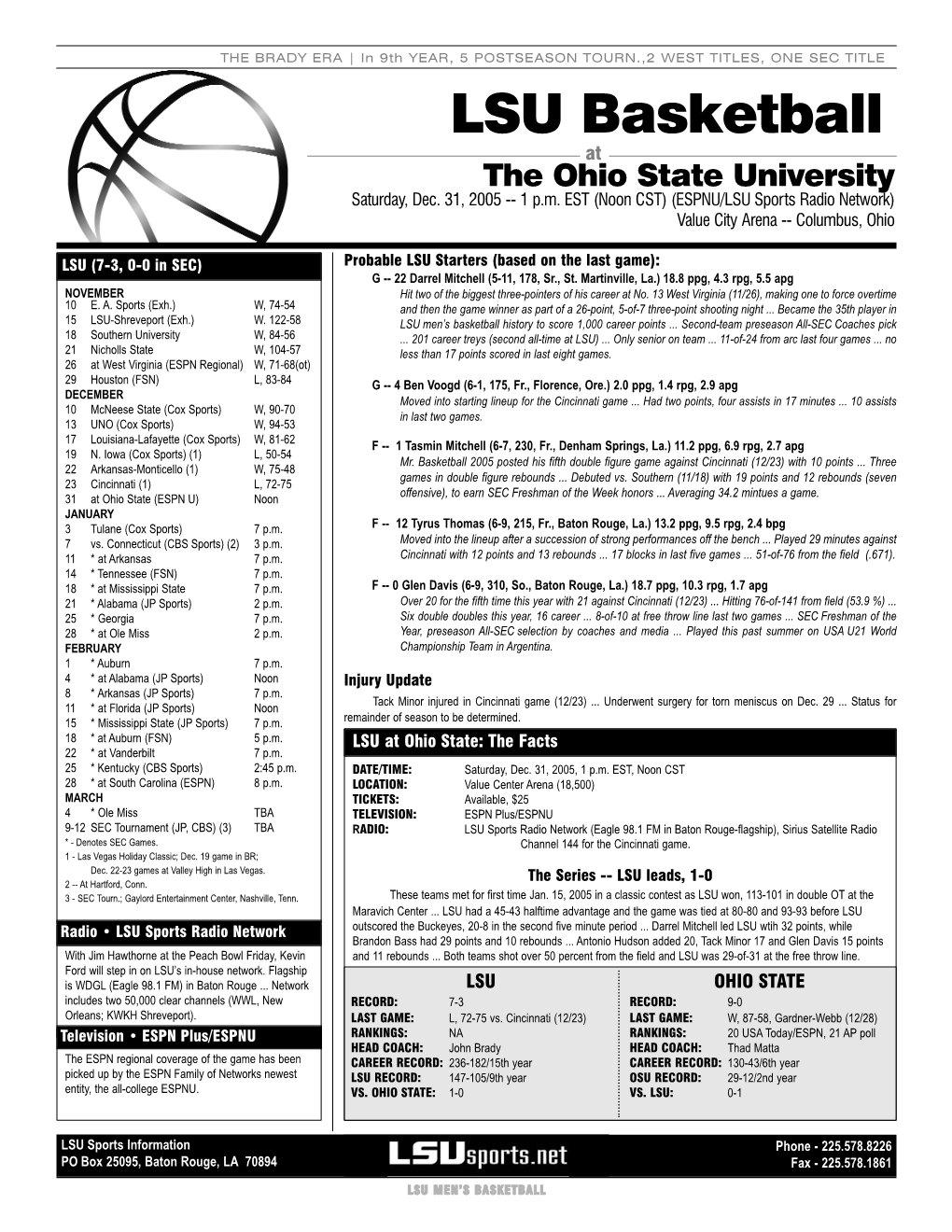 LSU Basketball at the Ohio State University Saturday, Dec