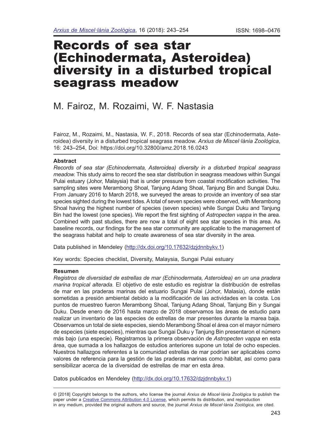 Records of Sea Star (Echinodermata, Asteroidea) Diversity in a Disturbed Tropical Seagrass Meadow