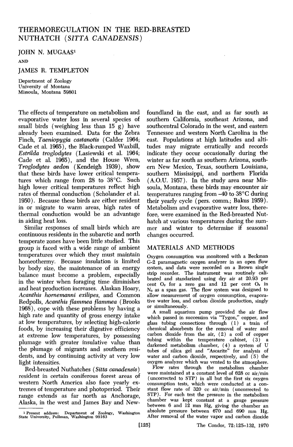 THERMOREGULATION in the RED-BREASTED NUTHATCH (Sltta CANADENSIS)