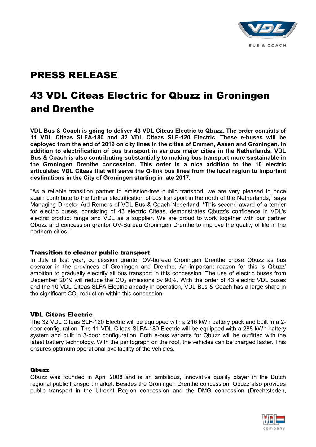 PRESS RELEASE 43 VDL Citeas Electric for Qbuzz in Groningen And