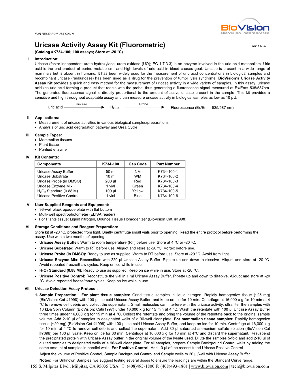 Uricase Activity Assay Kit (Fluorometric) Rev 11/20 (Catalog #K734-100; 100 Assays; Store at -20 °C) I
