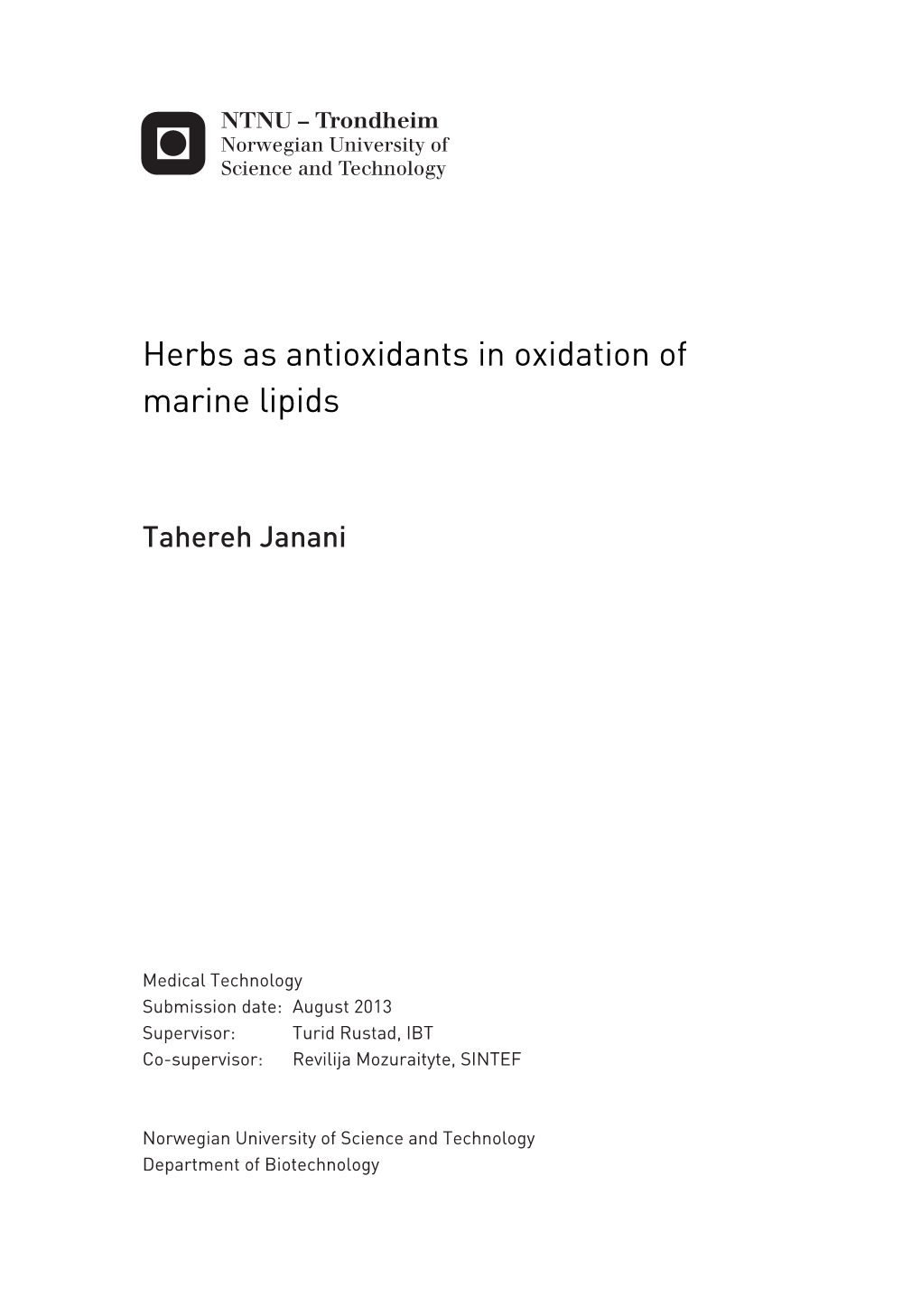 Herbs As Antioxidants in Oxidation of Marine Lipids