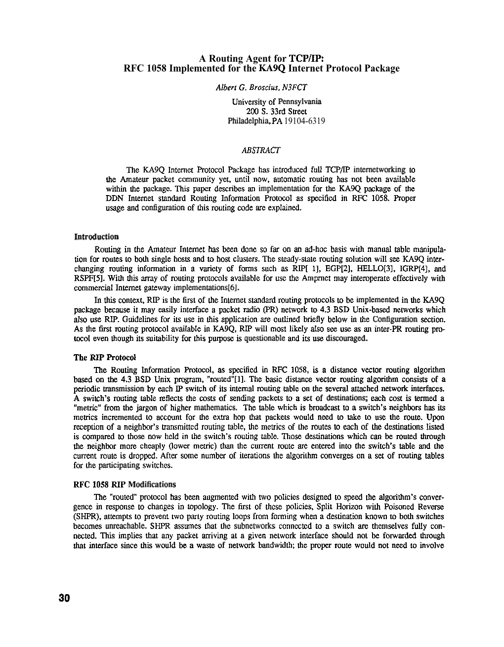 A Routing Agent for TCP/IP: RFC 1058 Implemented for the KA9Q Internet Protocol Package