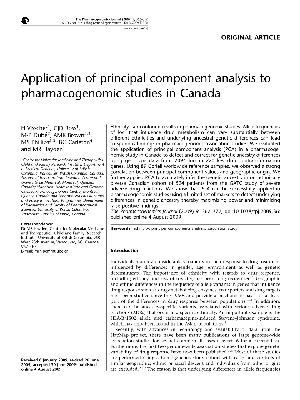 Application of Principal Component Analysis to Pharmacogenomic Studies in Canada