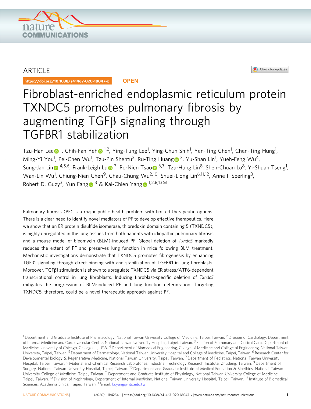 Fibroblast-Enriched Endoplasmic Reticulum Protein TXNDC5 Promotes Pulmonary ﬁbrosis by Augmenting Tgfβ Signaling Through TGFBR1 Stabilization