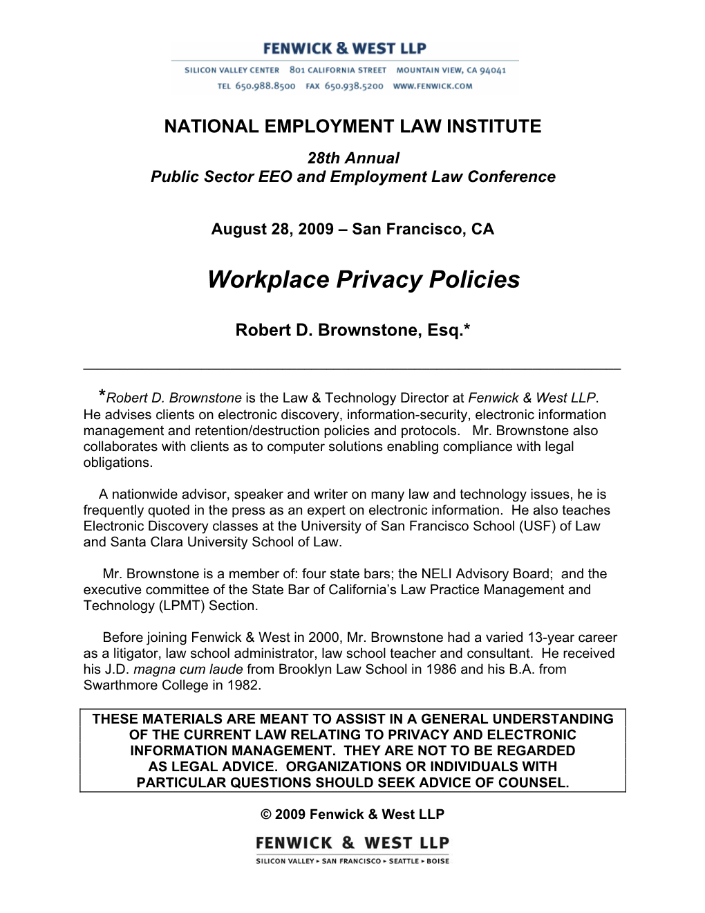 Workplace Privacy Policies