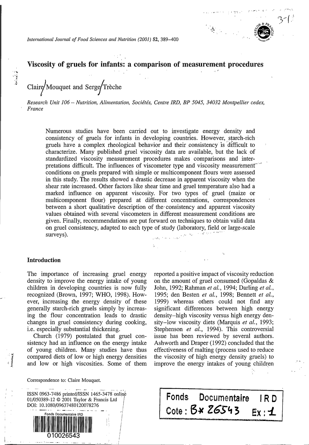 Viscosity of Gruels for Infants : a Comparison of Measurement Procedures