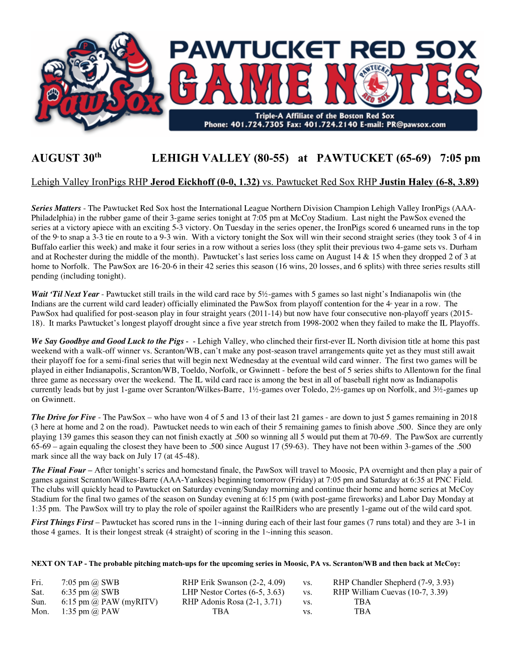 AUGUST 30Th LEHIGH VALLEY (80-55) at PAWTUCKET (65-69) 7:05 Pm