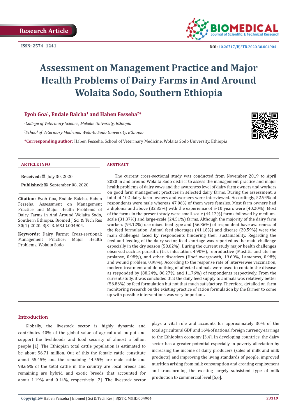 Assessment on Management Practice and Major Health Problems of Dairy Farms in and Around Wolaita Sodo, Southern Ethiopia