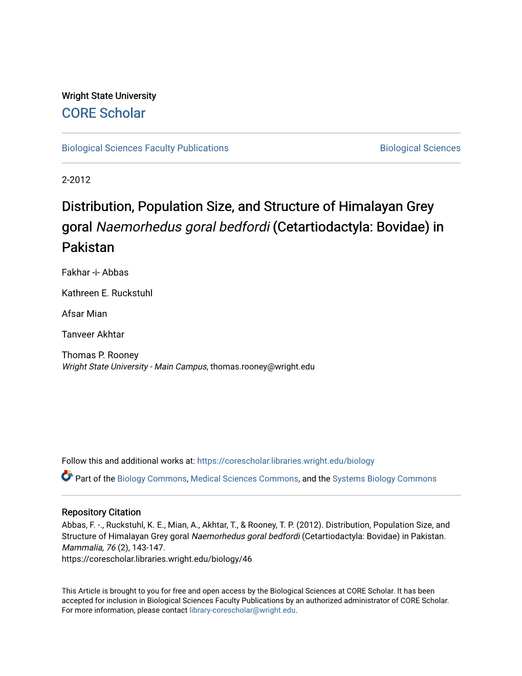 Distribution, Population Size, and Structure of Himalayan Grey Goral Naemorhedus Goral Bedfordi (Cetartiodactyla: Bovidae) in Pakistan