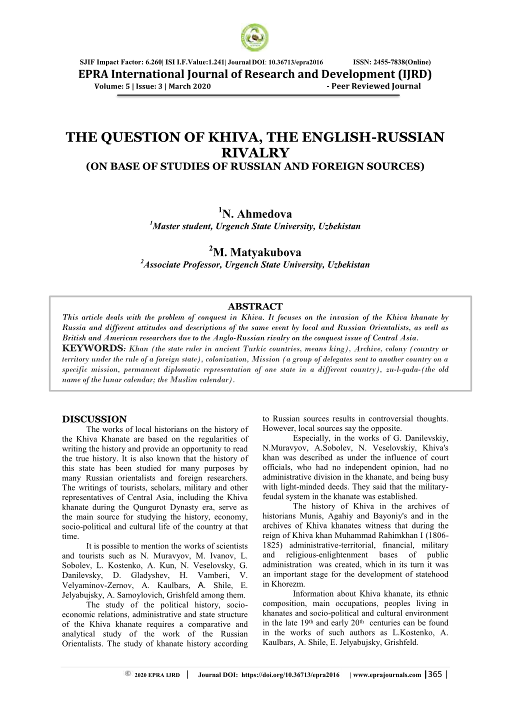 The Question of Khiva, the English-Russian Rivalry (On Base of Studies of Russian and Foreign Sources)