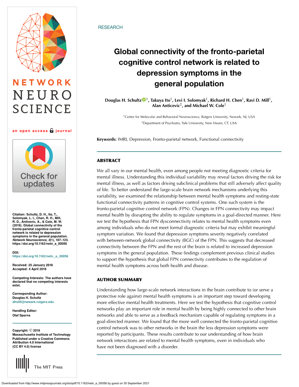 Global Connectivity of the Fronto-Parietal Cognitive Control Network Is Related to Depression Symptoms in the General Population