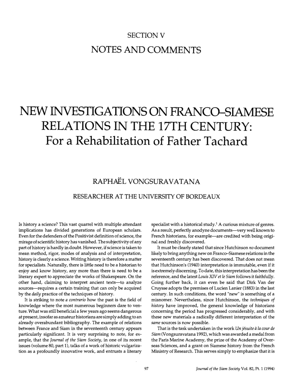 NEW INVESTIGATIONS on FRANCO-SIAMESE RELATIONS in the 17TH CENTURY: for a Rehabilitation of Father Tachard