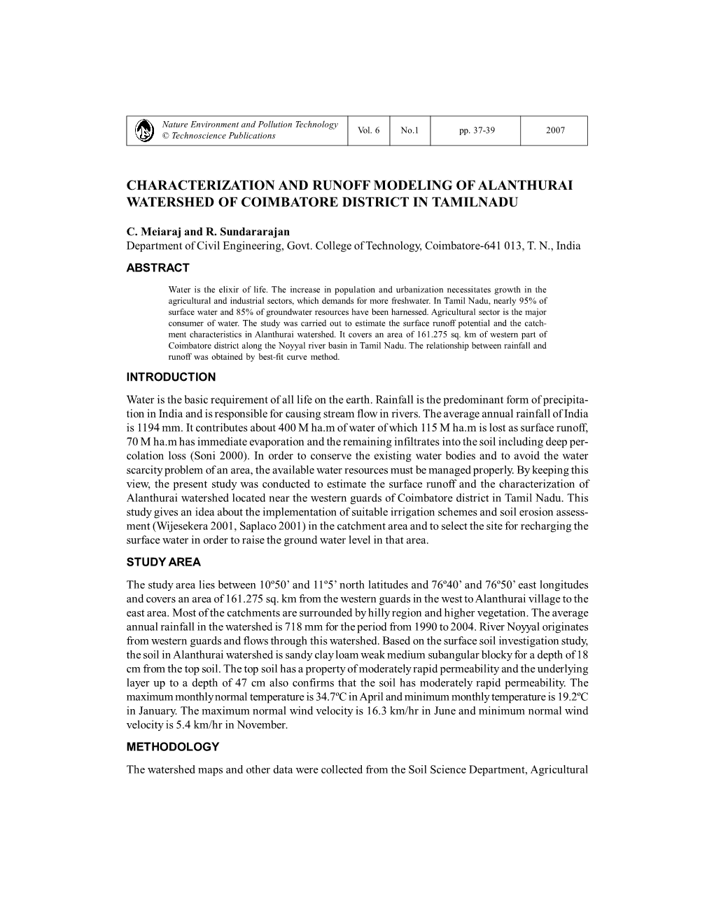 Characterization and Runoff Modeling of Alanthurai Watershed of Coimbatore District in Tamilnadu