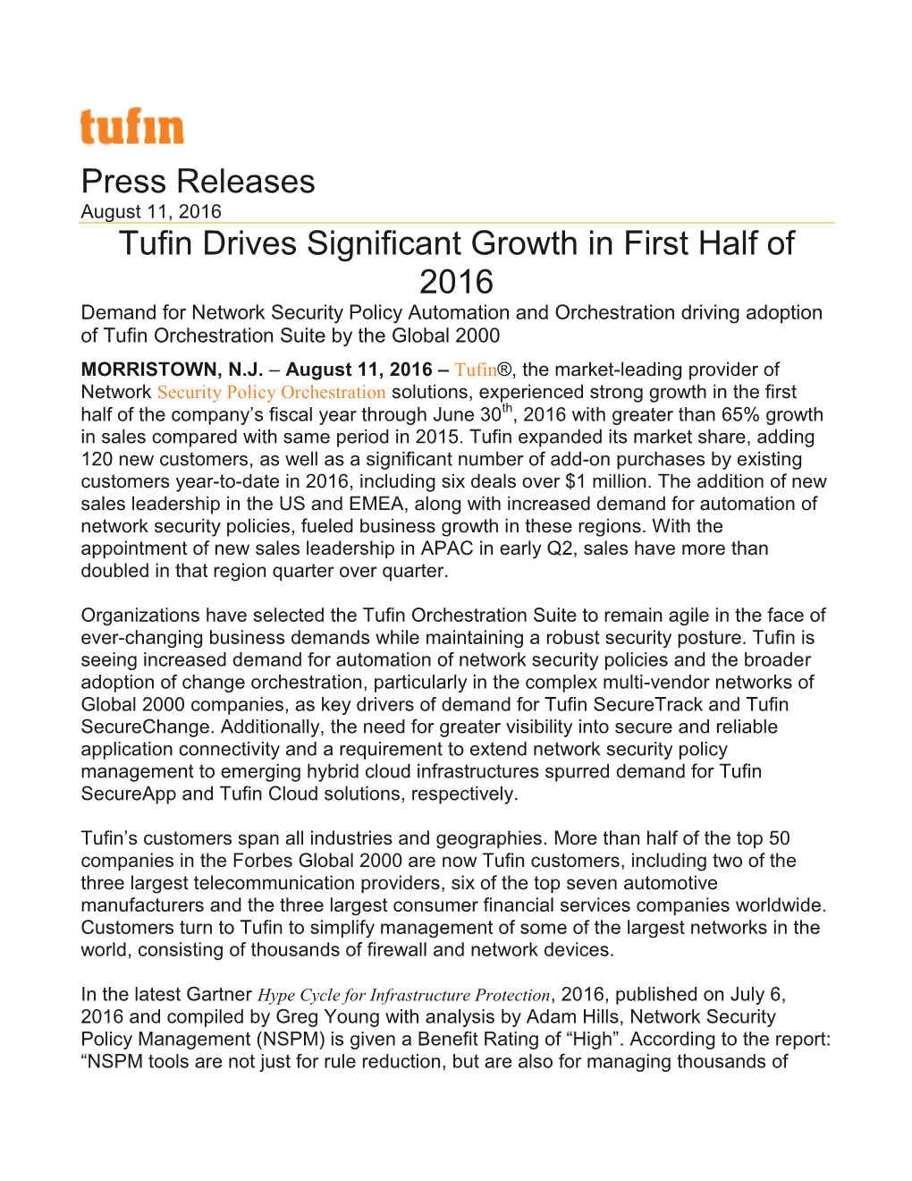 Press Releases Tufin Drives Significant Growth In