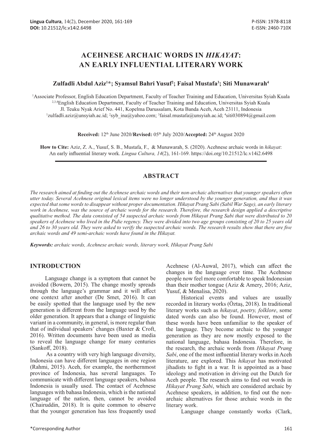 Acehnese Archaic Words in Hikayat: an Early Influential Literary Work