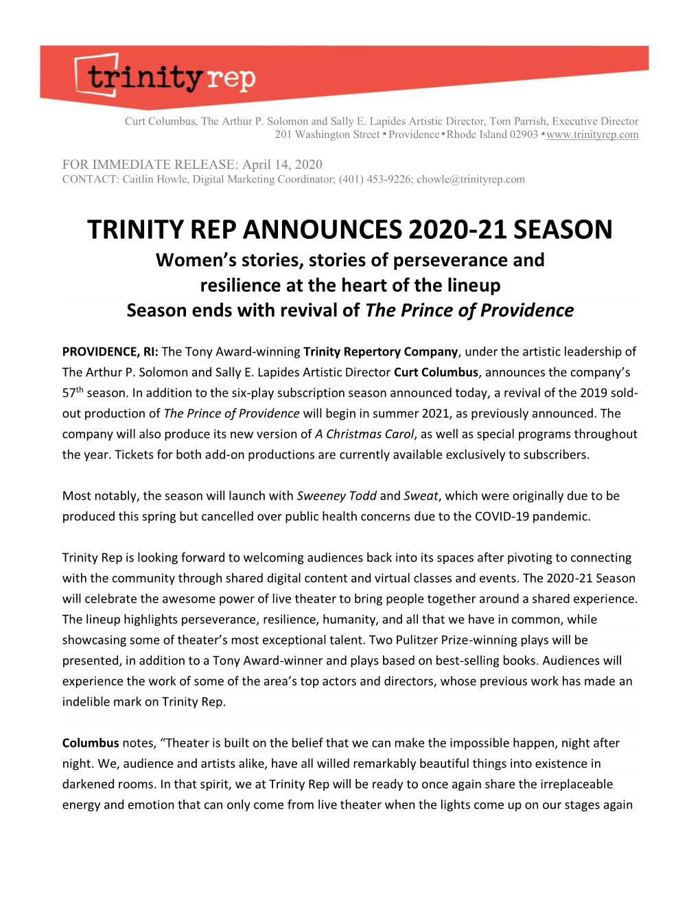 Trinity Rep Announces 2020-21 Season