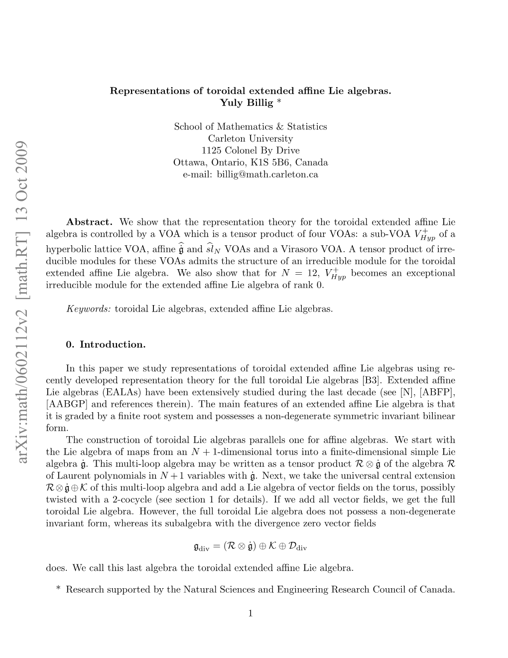 Arxiv:Math/0602112V2 [Math.RT] 13 Oct 2009 H I Ler Fmp Rman from Maps Algebra of Algebra Lie the Non-Degene a Possesses and Ext System an Root ﬁnite of Form