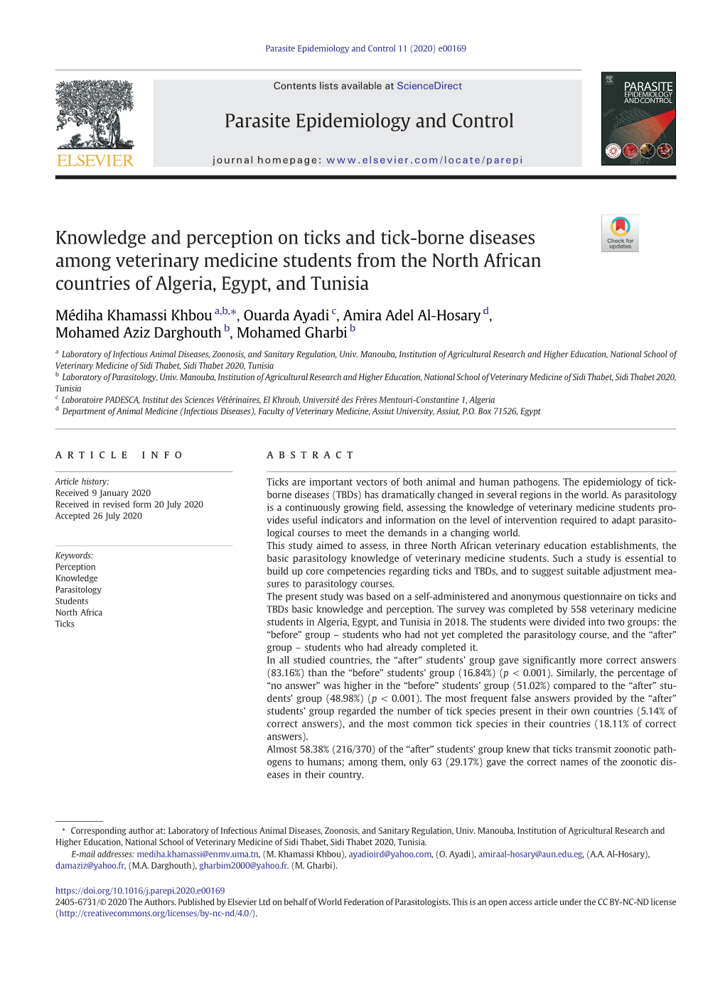 Knowledge and Perception on Ticks and Tick-Borne Diseases Among Veterinary Medicine Students from the North African Countries of Algeria, Egypt, and Tunisia