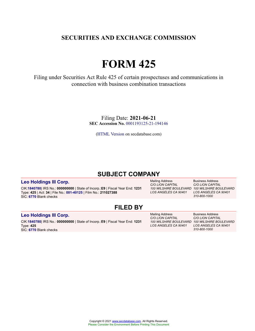 Leo Holdings III Corp. Form 425 Filed 2021-06-21