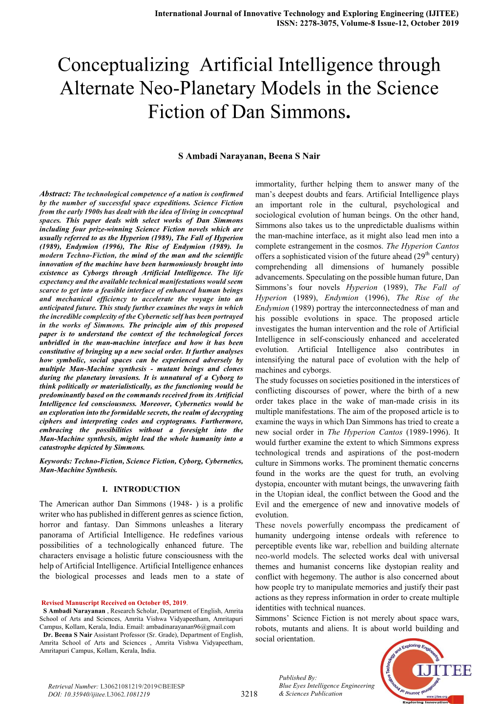 Conceptualizing Artificial Intelligence Through Alternate Neo-Planetary Models in the Science Fiction of Dan Simmons