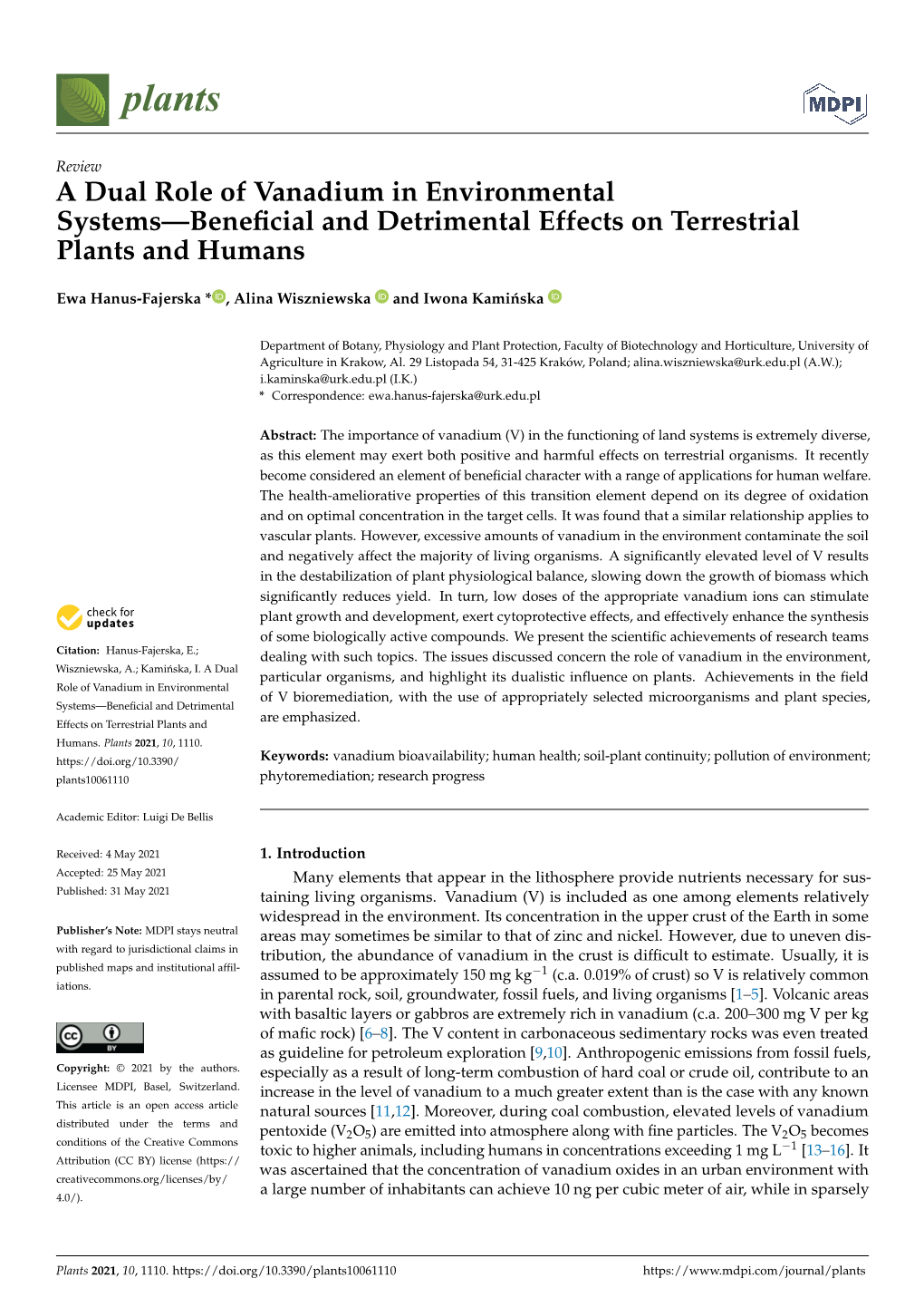 A Dual Role of Vanadium in Environmental Systems—Beneficial