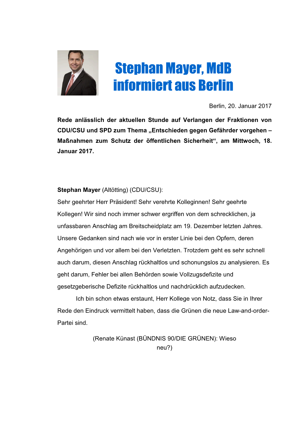 Stephan Mayer, Mdb Informiert Aus Berlin