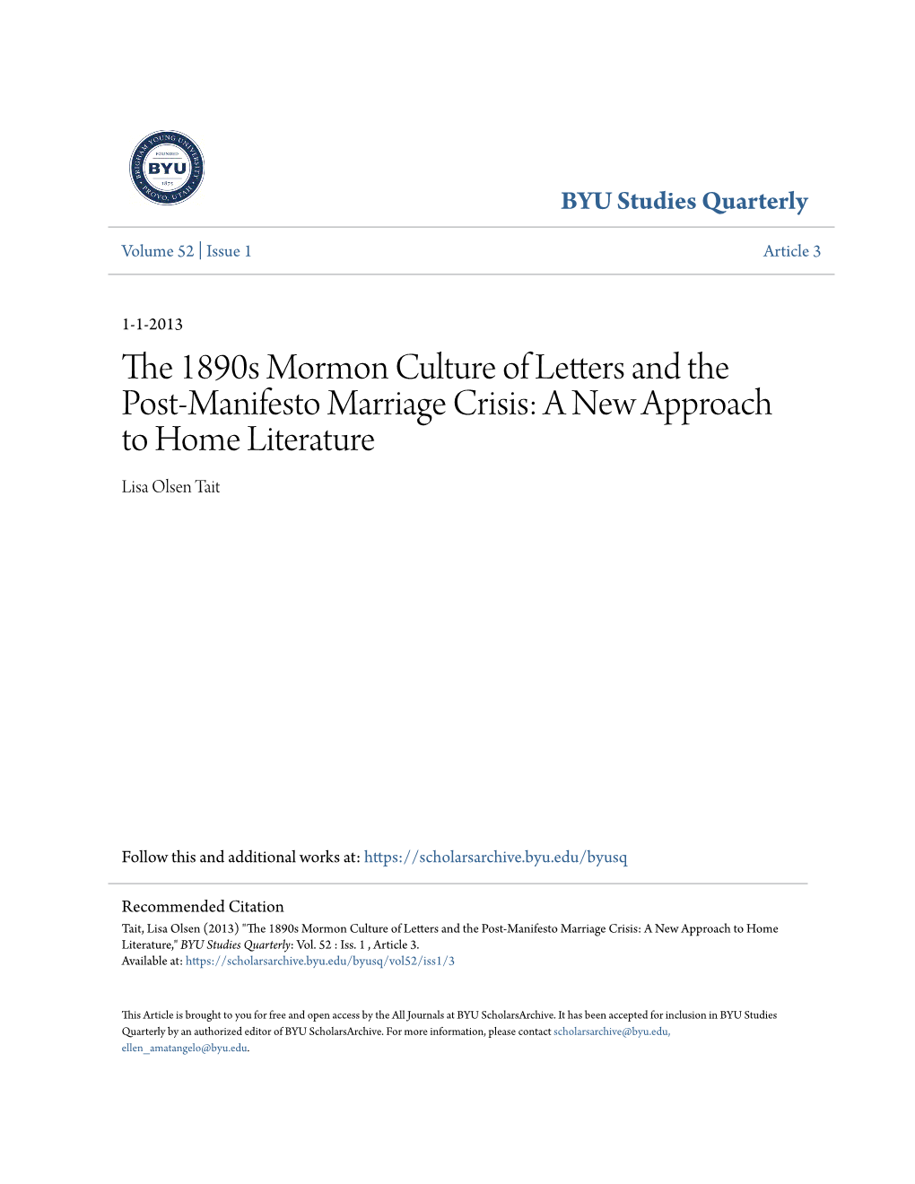 The 1890S Mormon Culture of Letters and the Post-Manifesto Marriage Crisis a New Approach to Home Literature