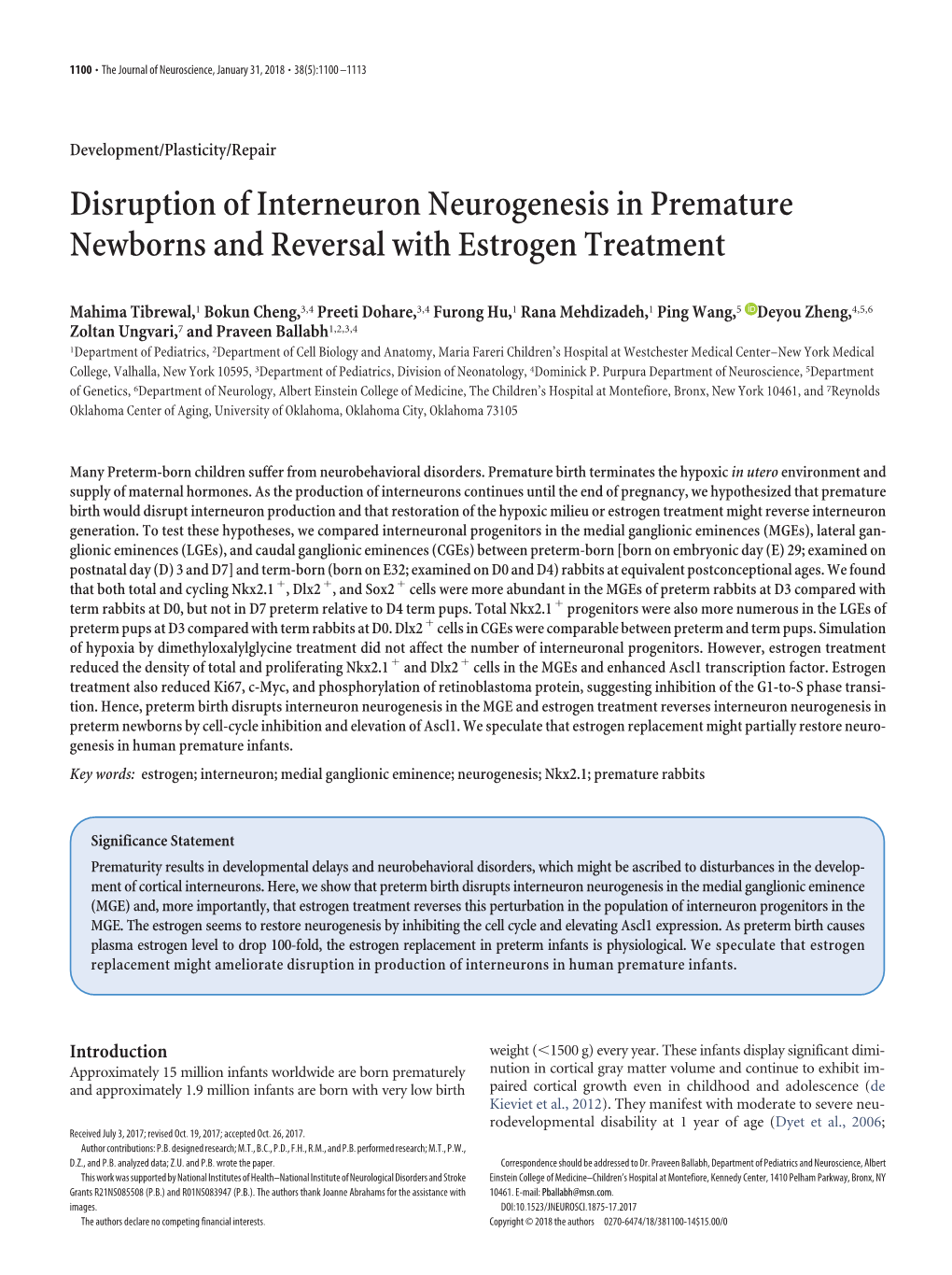 Disruption of Interneuron Neurogenesis in Premature Newborns and Reversal with Estrogen Treatment