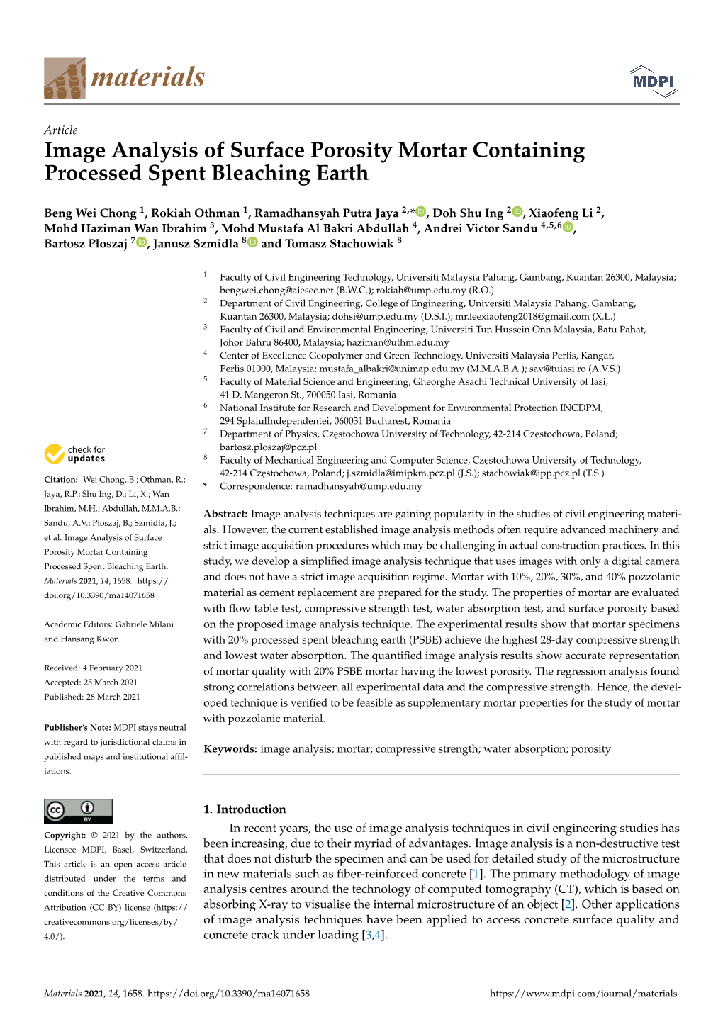 Image Analysis of Surface Porosity Mortar Containing Processed Spent Bleaching Earth