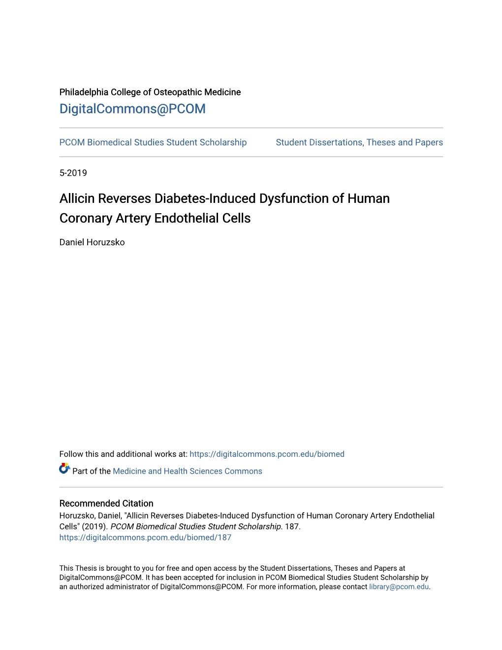 Allicin Reverses Diabetes-Induced Dysfunction of Human Coronary Artery Endothelial Cells