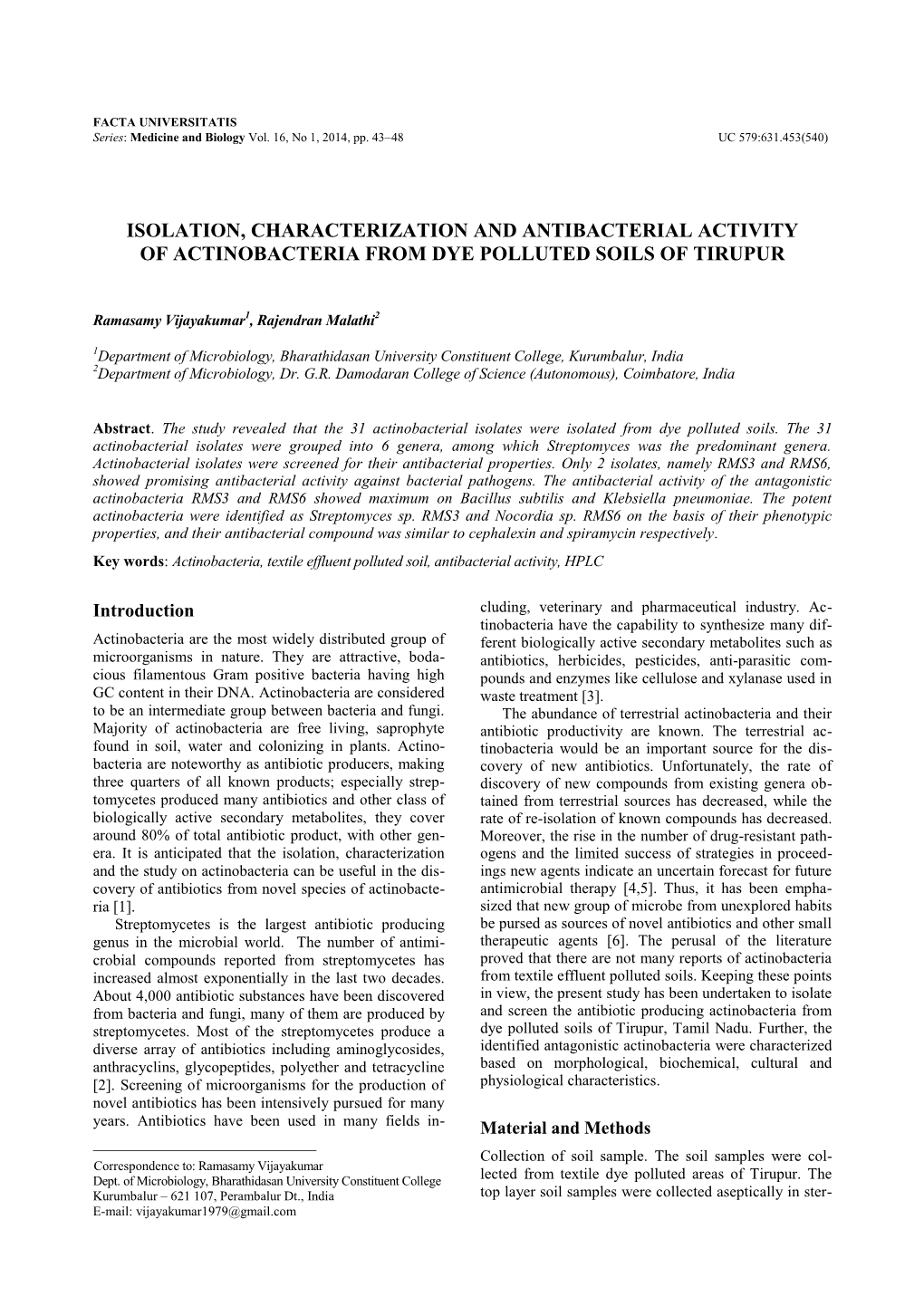 Isolation, Characterization and Antibacterial Activity of Actinobacteria from Dye Polluted Soils of Tirupur