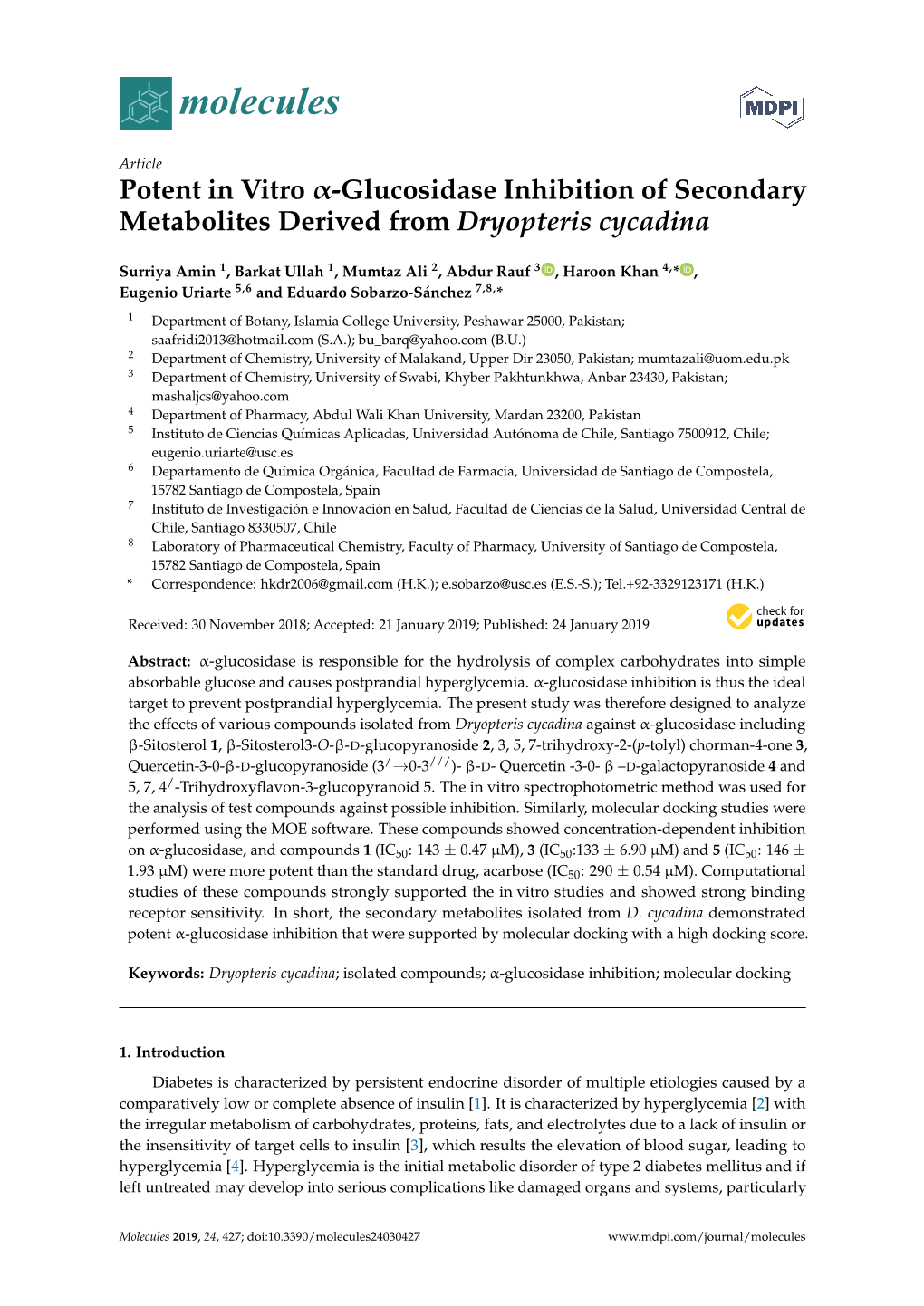 Glucosidase Inhibition of Secondary Metabolites Derived from Dryopteris Cycadina