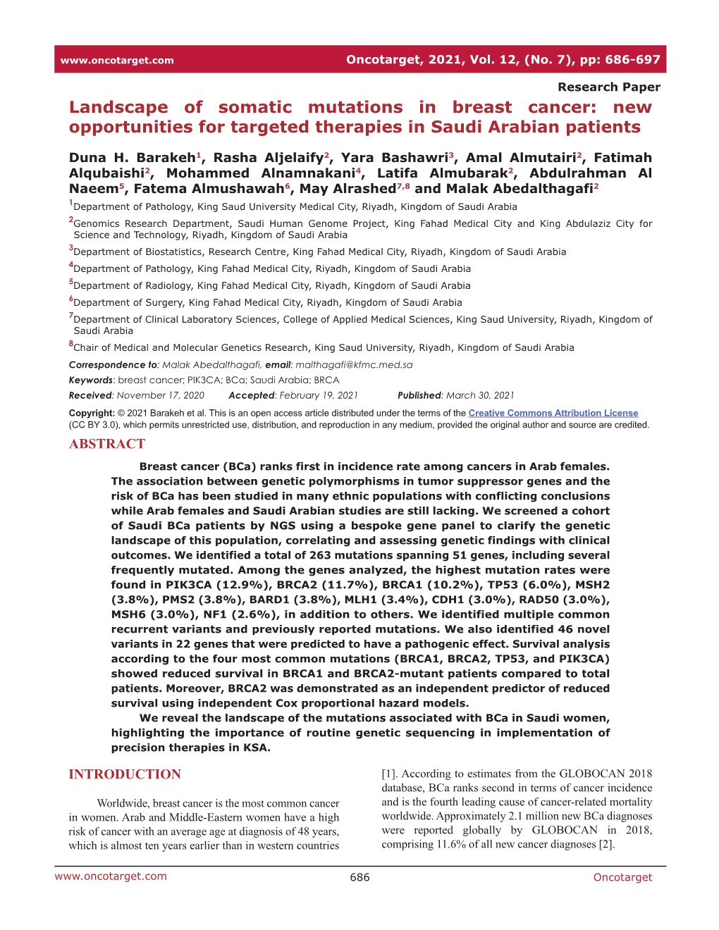 Landscape of Somatic Mutations in Breast Cancer: New Opportunities for Targeted Therapies in Saudi Arabian Patients