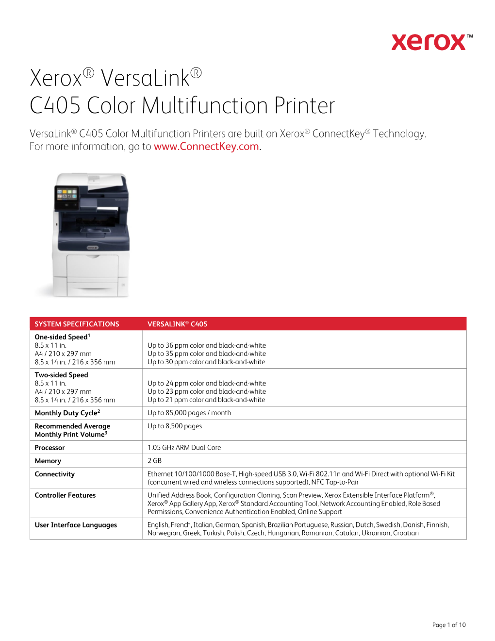 Xerox® Versalink® C405 Printer- Detailed Specifications Sheet