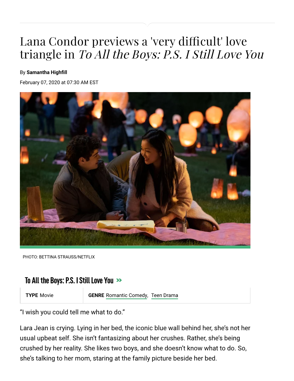 Lana Condor Previews a 'Very Di�Cult' Love Triangle in to All the Boys: P.S