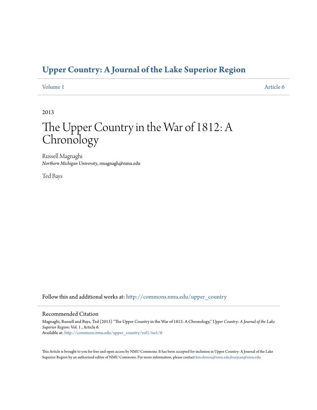 The Upper Country in the War of 1812: a Chronology