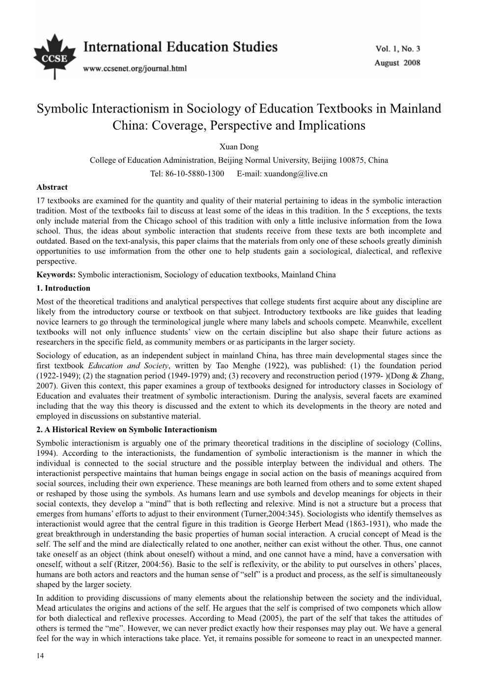 Symbolic Interactionism in Sociology of Education Textbooks in Mainland China: Coverage, Perspective and Implications