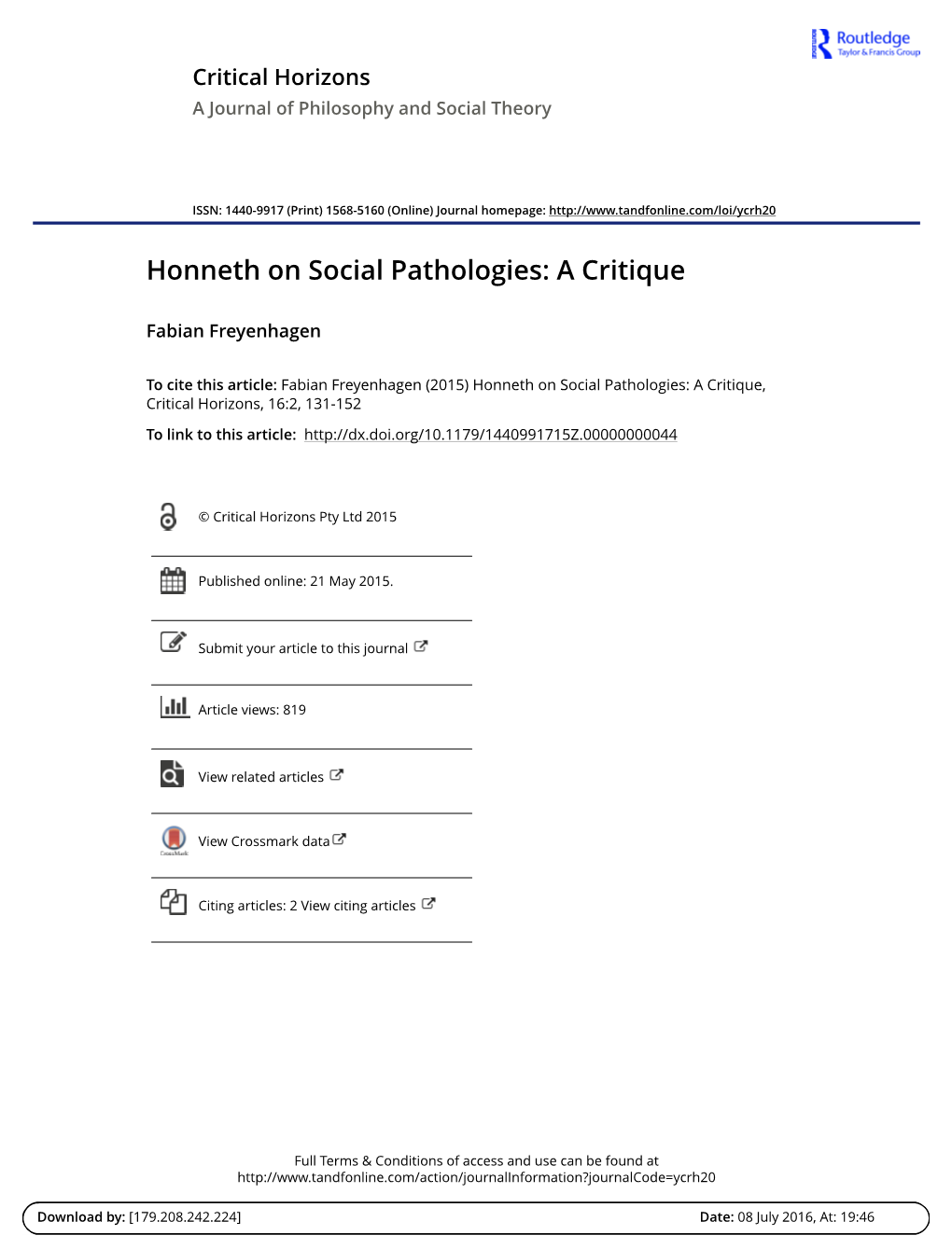 Honneth on Social Pathologies: a Critique