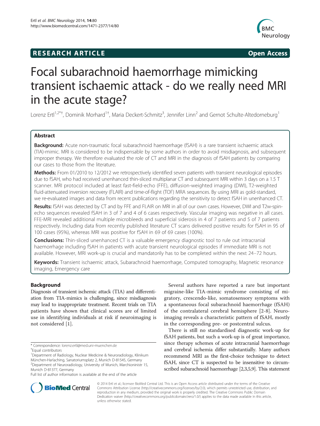 Focal Subarachnoid Haemorrhage Mimicking Transient Ischaemic Attack