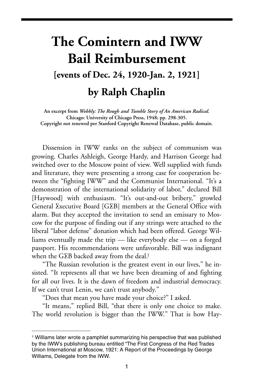 The Comintern and IWW Bail Reimbursement [Events of Dec